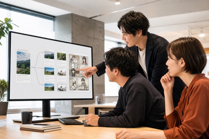 生成した原稿と投稿案をモニターで見比べる様子