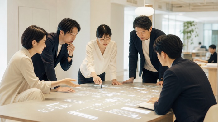机を囲んで作業の流れを話し合う様子