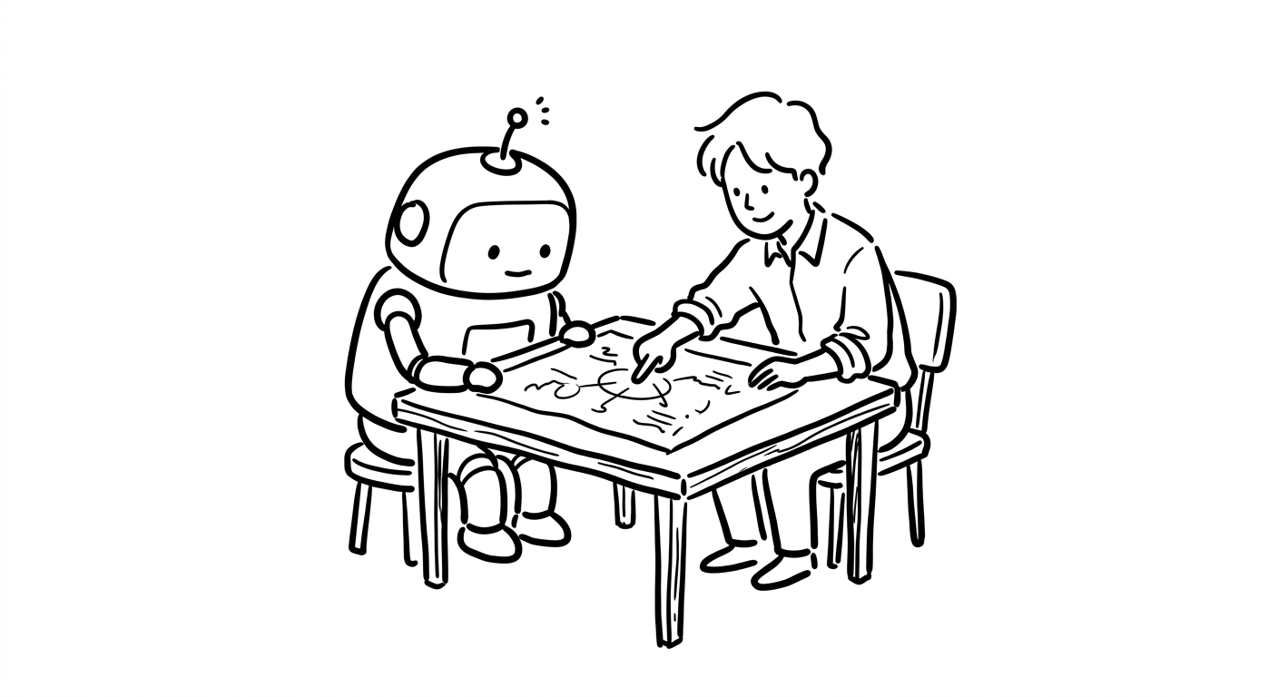 机で従業員と一緒に資料を見ながら相談するロボット